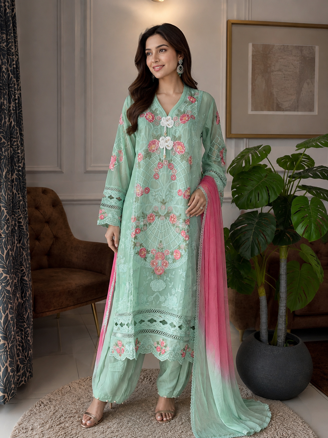 Georgette Embroidered Pakistani Kurta with Lining