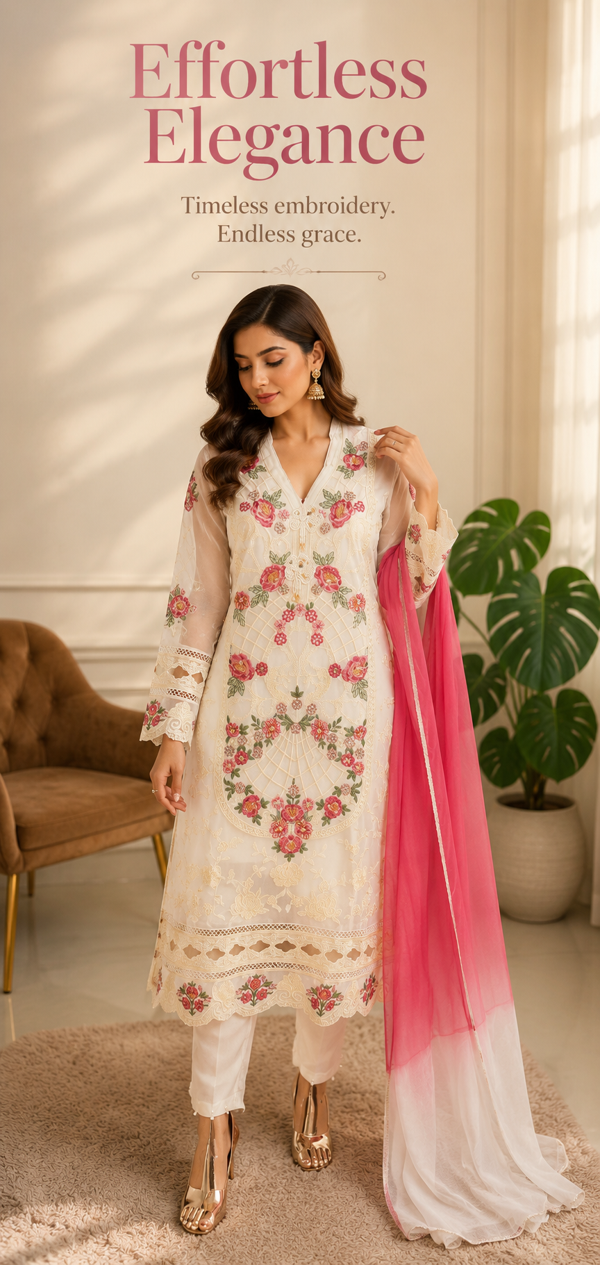 Georgette embroidered Pakistani kurta with lining