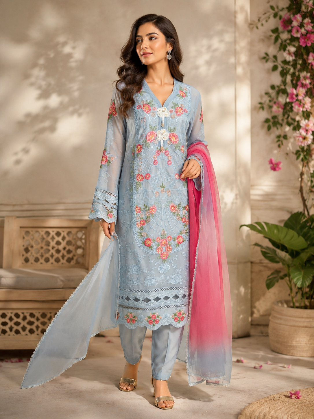 Georgette embroidered Pakistani kurta with lining