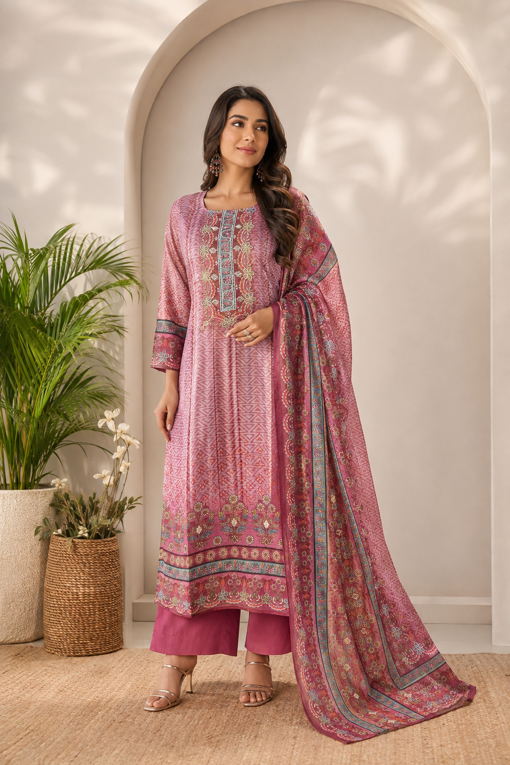 Pure shimmer silk printed kurta with Gota embroidery