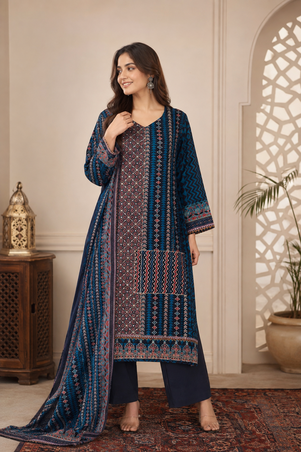 Pure muslin ajrakh printed suit with zari embroidered  Cotton lining