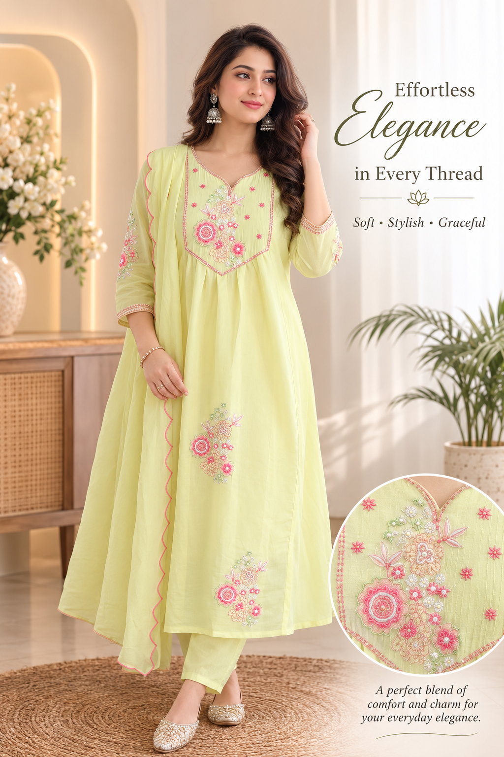 Chanderi Silk with Cotton Lining Embroidery A line suit