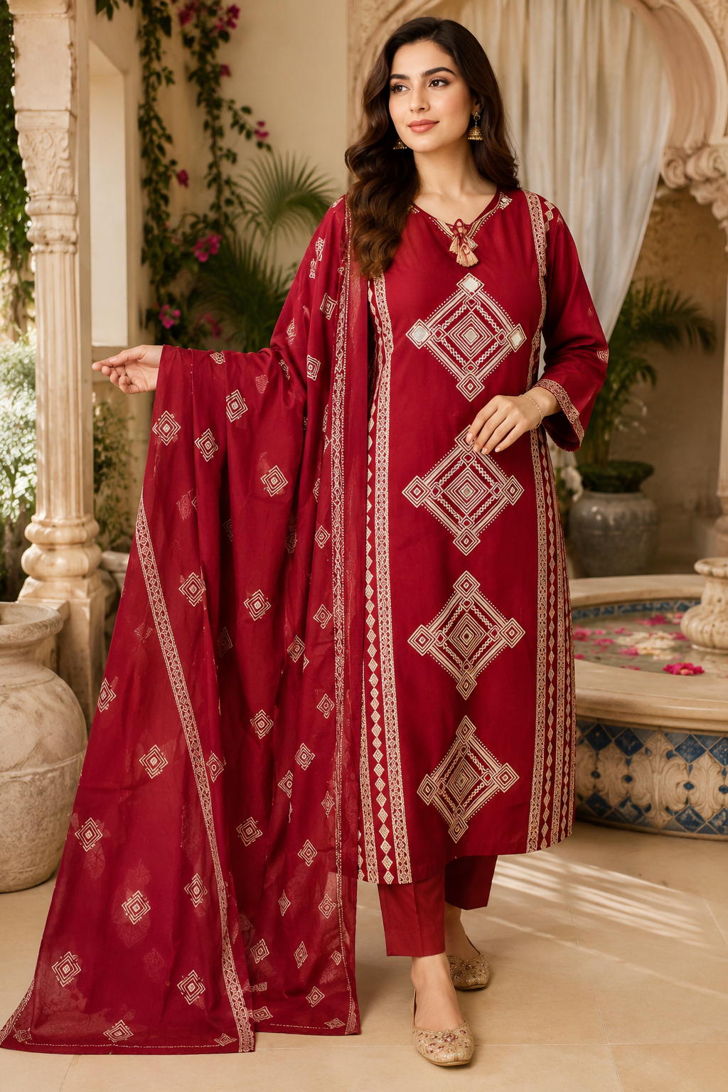 Panel printed embroidered suit pure cotton