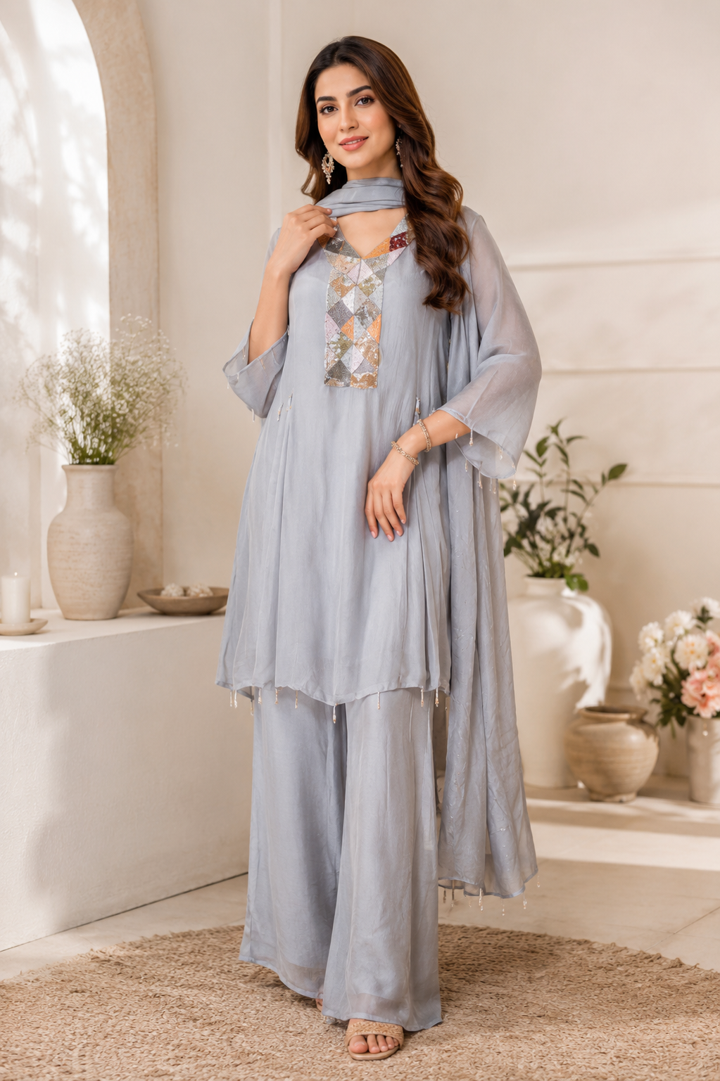 A line Peplum Designer Hand Work Suit Pure Chinnon