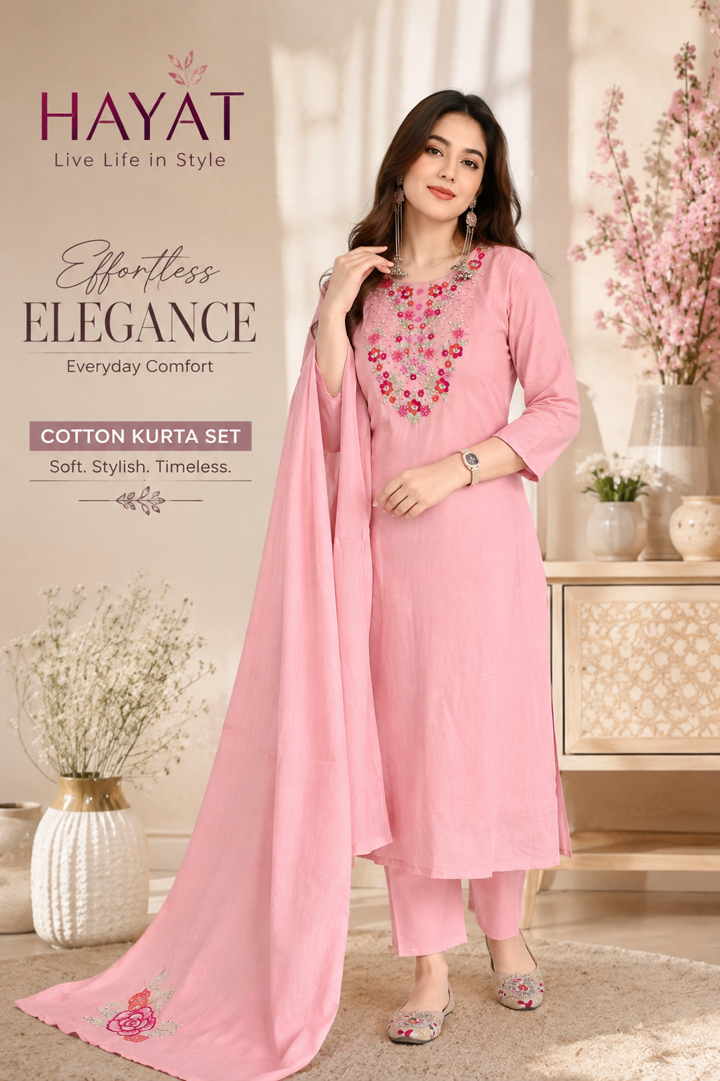 Hand Work A-line Pure Cotton Kurta Set with Cotton Lining