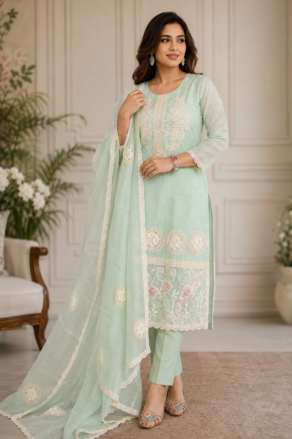 Designer Lenin Applique Work Kurta Set