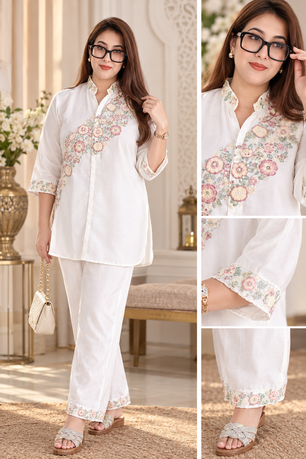 Pure Chinnon Embroidered with Cotton Lining Hand Work Co-ord Set