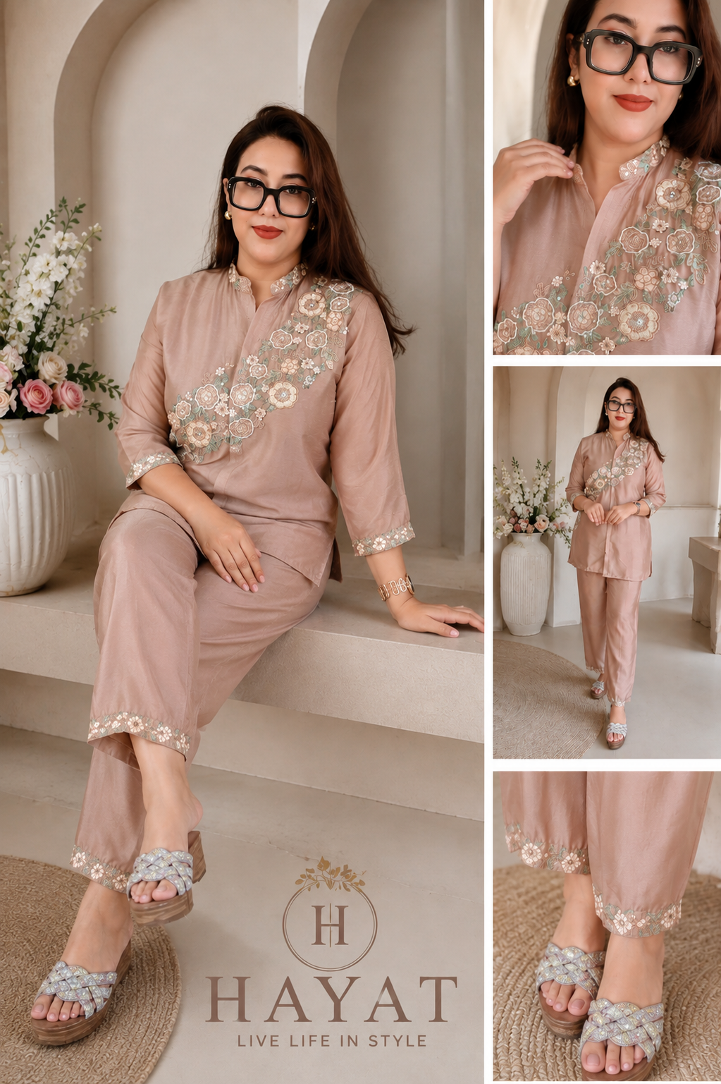 Pure Chinnon Embroidered with Cotton Lining Hand Work Co-ord Set