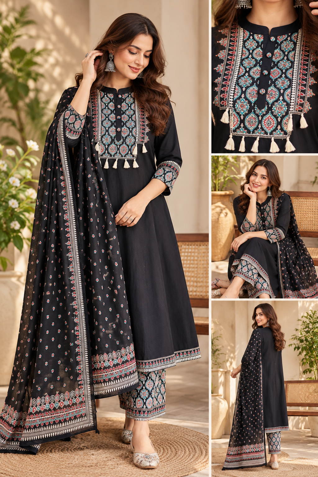 Ajrakh Printed A-Line Premium Kurta with Hand Work, Dupatta Mal Cotton Printed, Bottom Cotton Palazzo