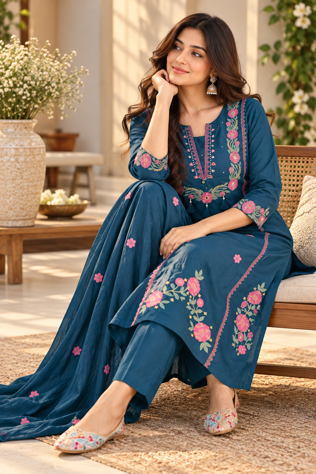 Premium Embroidery Cotton Kurta with Embroidered Mal Cotton Dupatta, Cotton Pant
