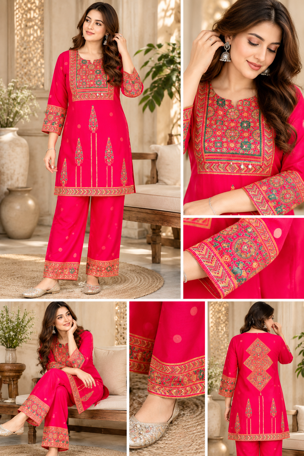 Ajrakh Printed Pure Gajji Silk Co-Ord set ( Color : Pink )