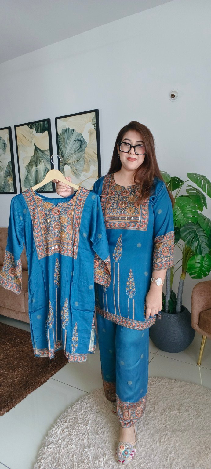 Ajrakh Printed Pure Gajji Silk Co-Ord set ( Teal Blue )