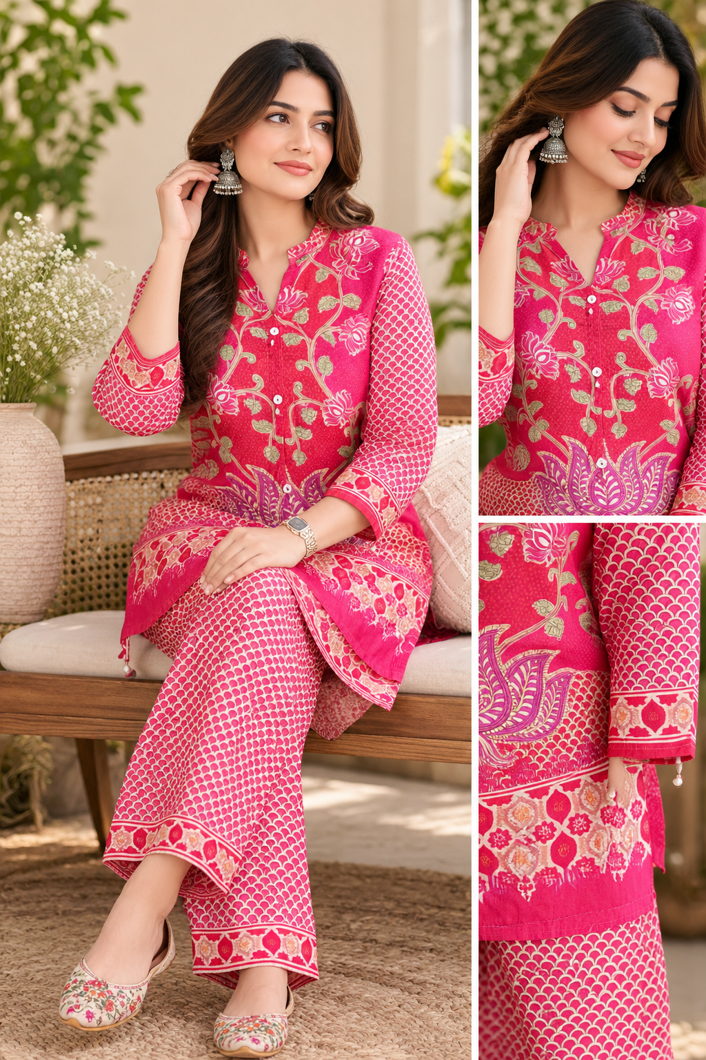 Ajrakh Printed Pure Gajji Silk Co-Ord set ( Color Pink )