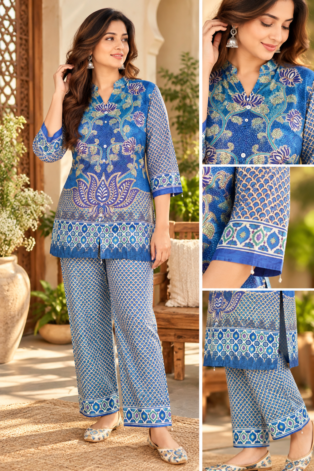 Ajrakh Printed Pure Gajji Silk Co-Ord set ( Color Blue )
