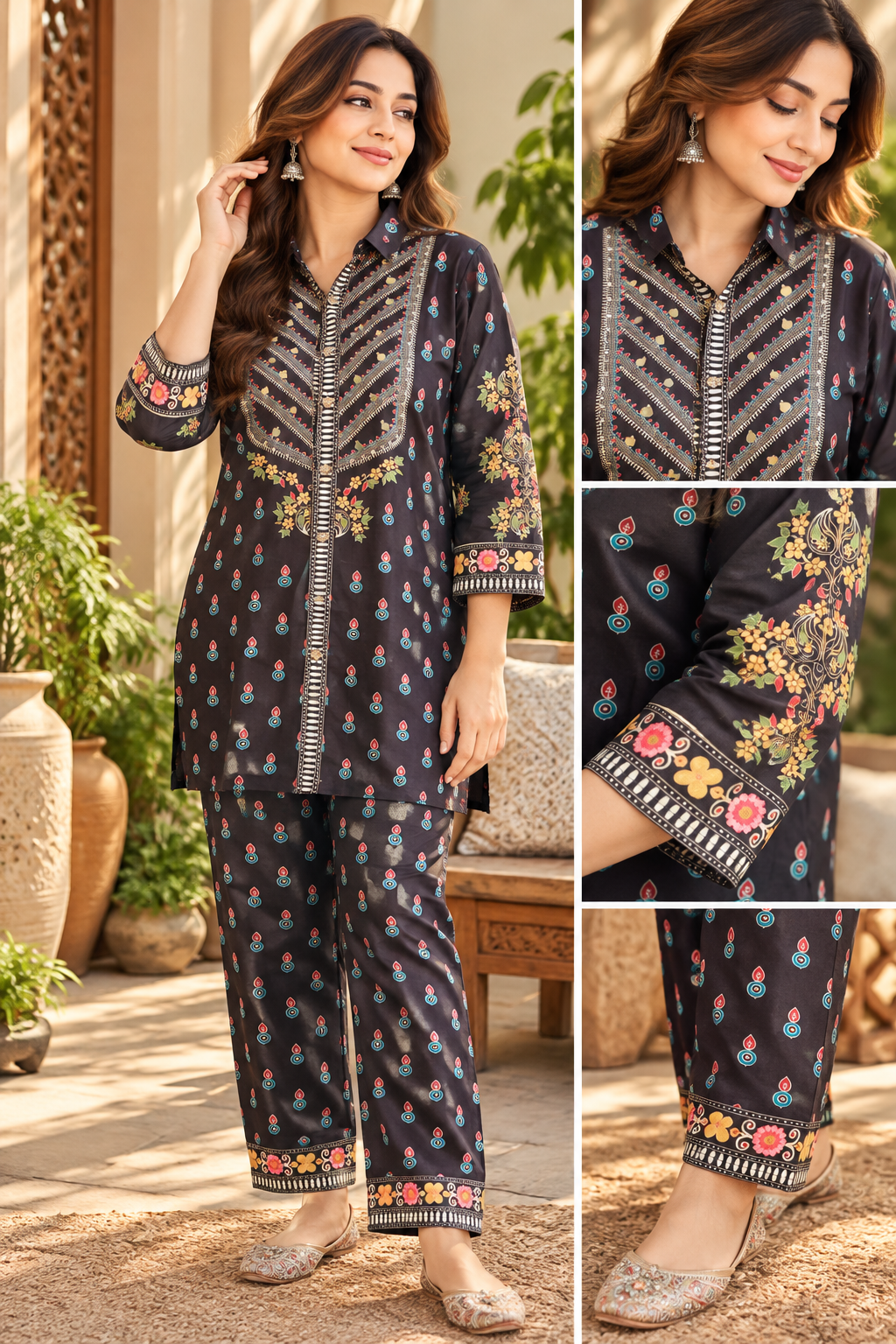 Ajrakh Printed Pure Gajji Silk Co-Ord set ( Black )