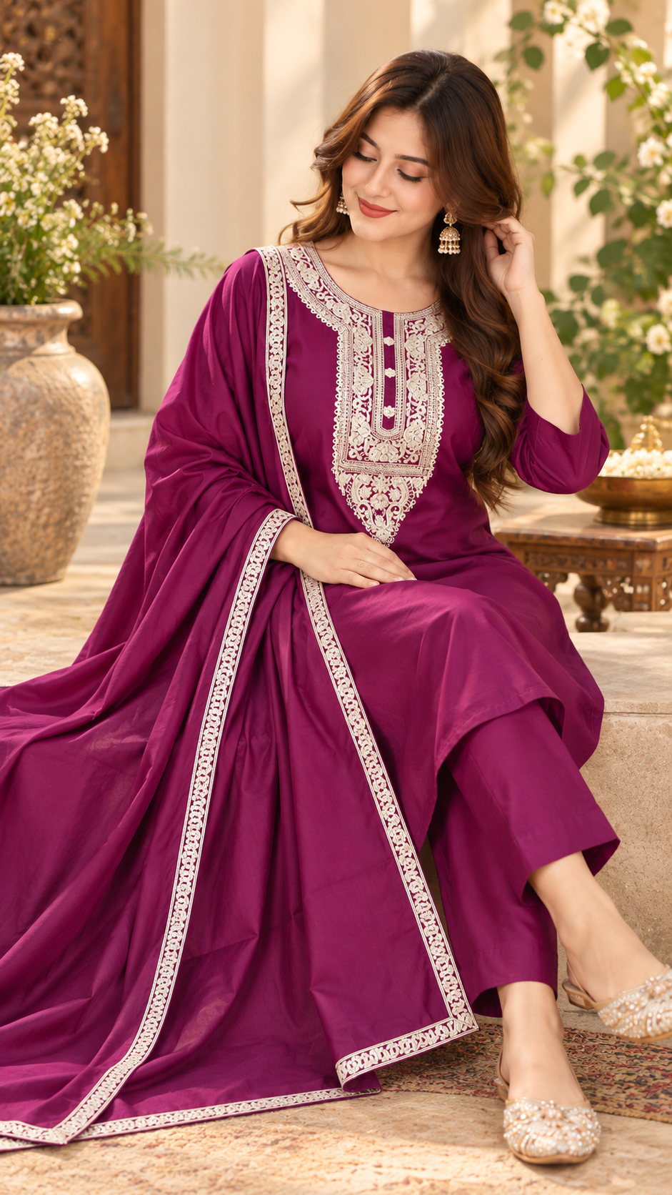 Russian Silk Embroidered Kurta with Cotton Lining, Dupatta Silk with Embroidered Border, Bottom Silk Pant