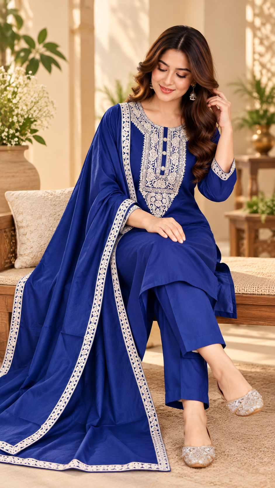 Russian Silk Embroidered Kurta with Cotton Lining, Dupatta Silk with Embroidered Border, Bottom Silk Pant