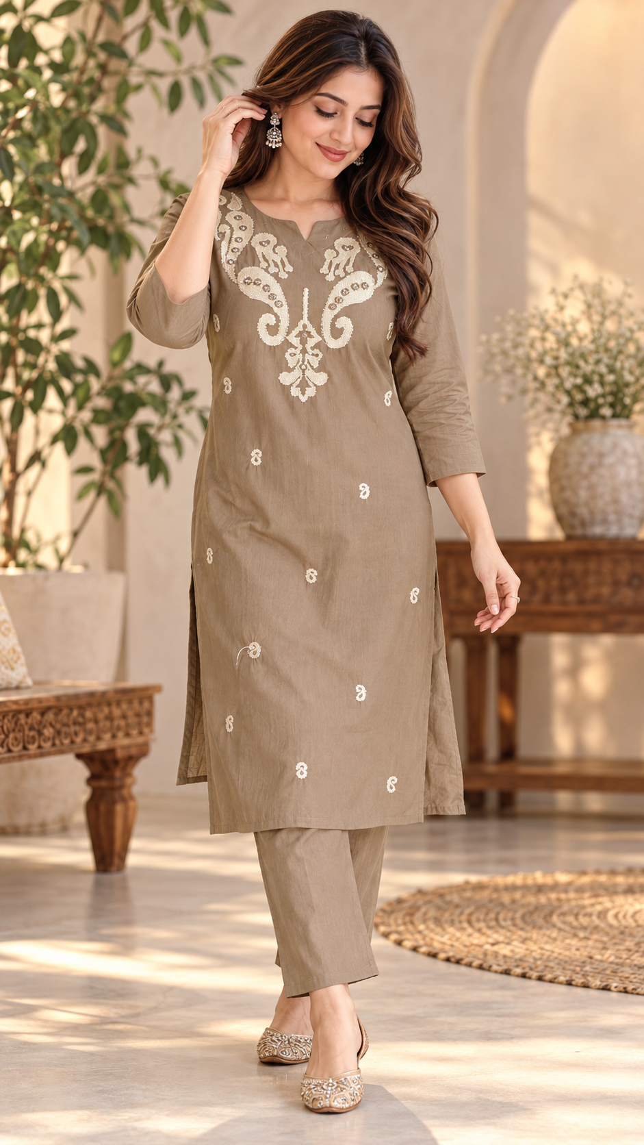 Premium Cotton Embroidered Co-Ord Set ( English Brown )