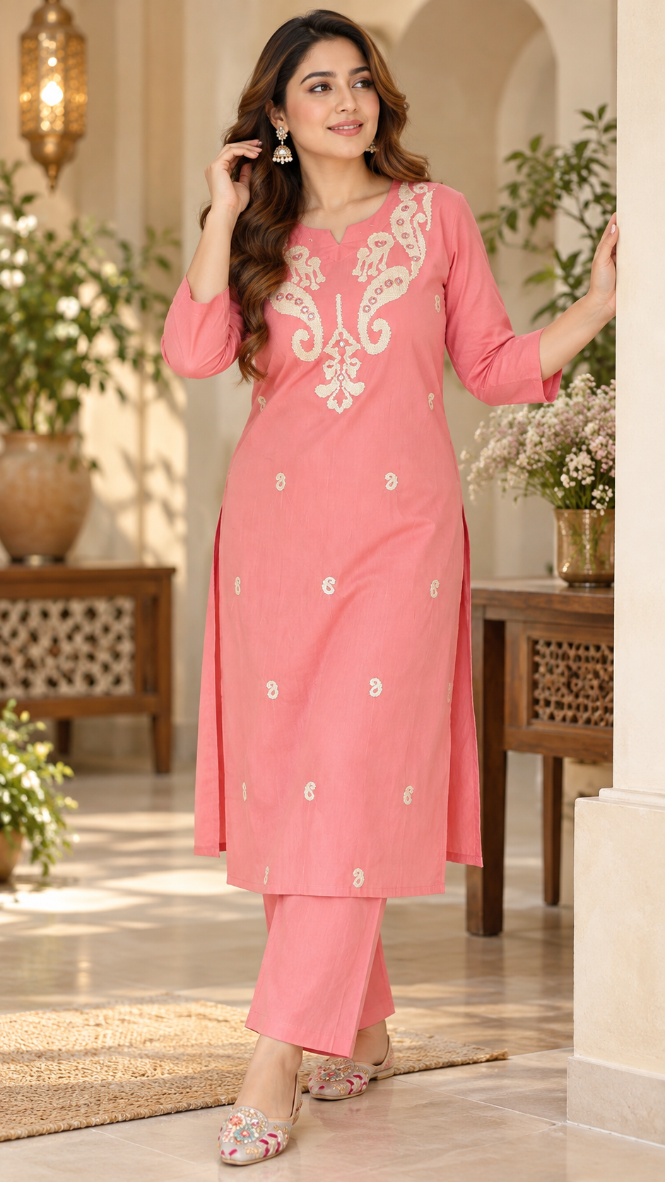 Premium Cotton Embroidered Co-Ord Set ( Peach )