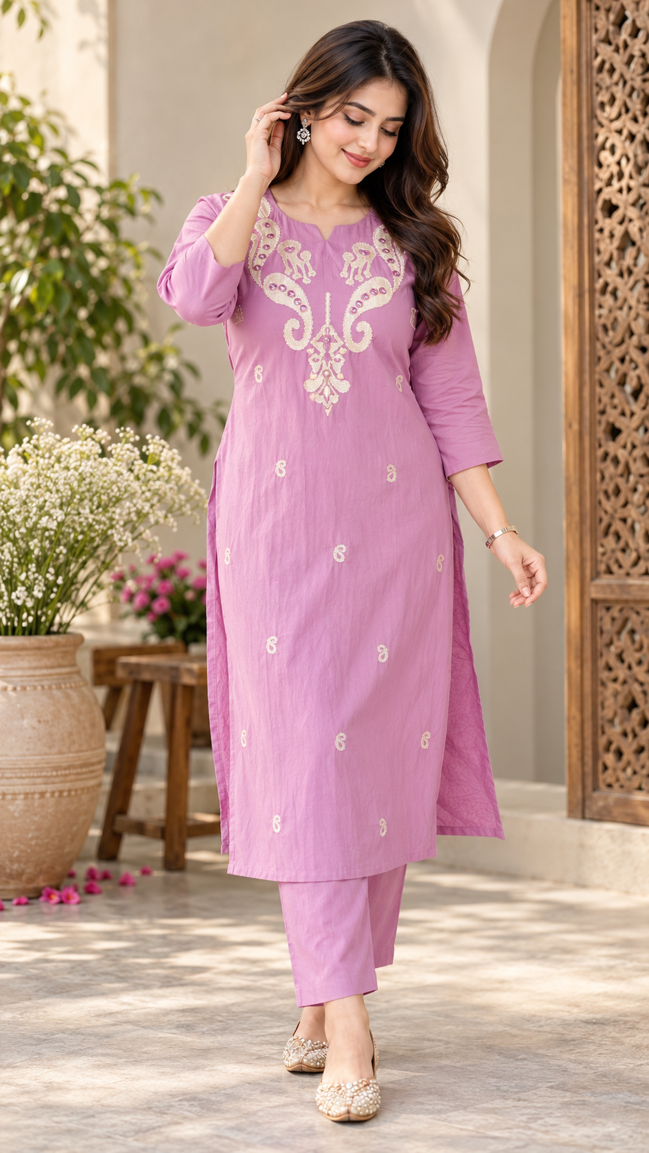 Premium Cotton Embroidered Co-Ord Set ( Lilac )