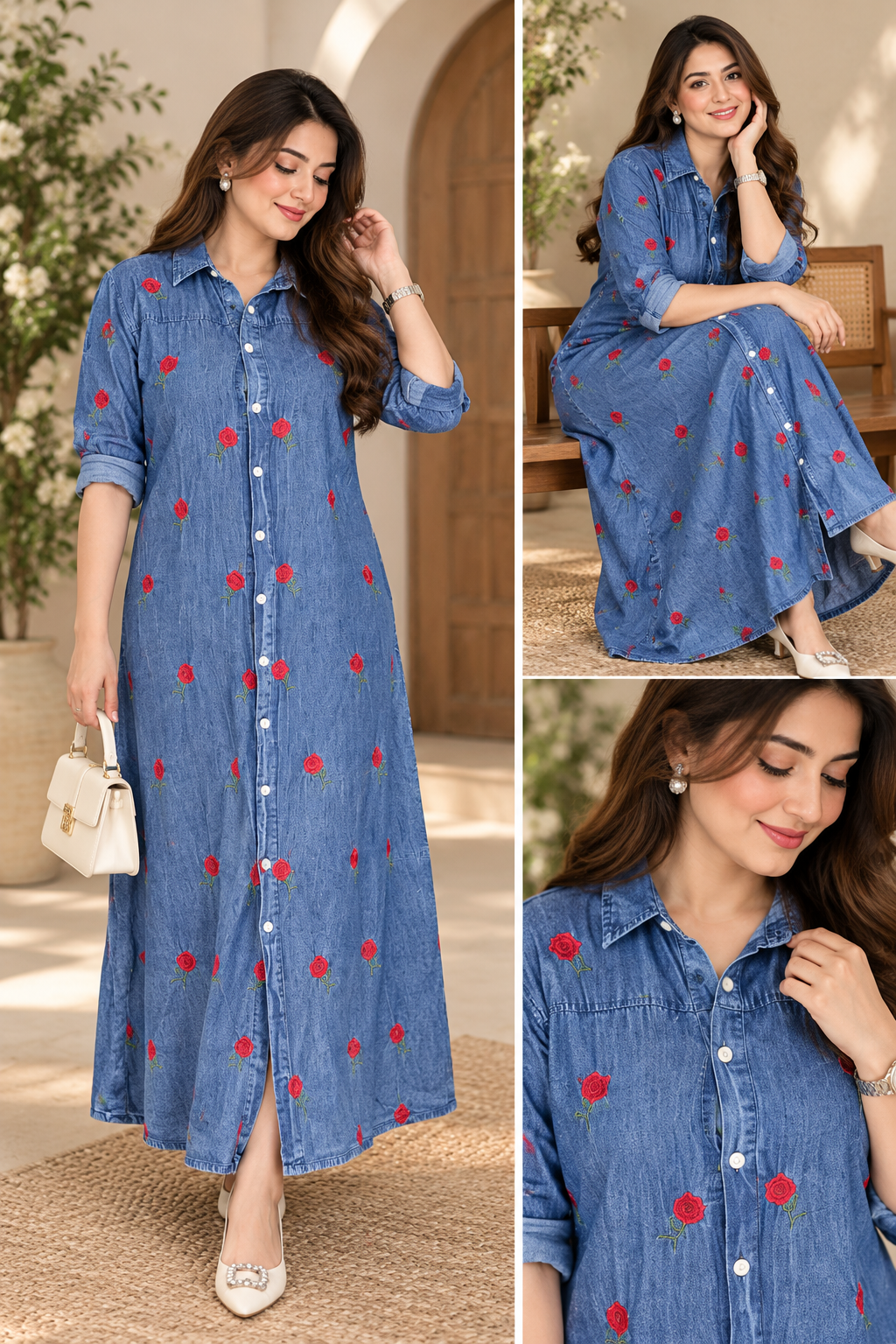 Light Denim Blue A-Line Embroidered Single Denim Gown