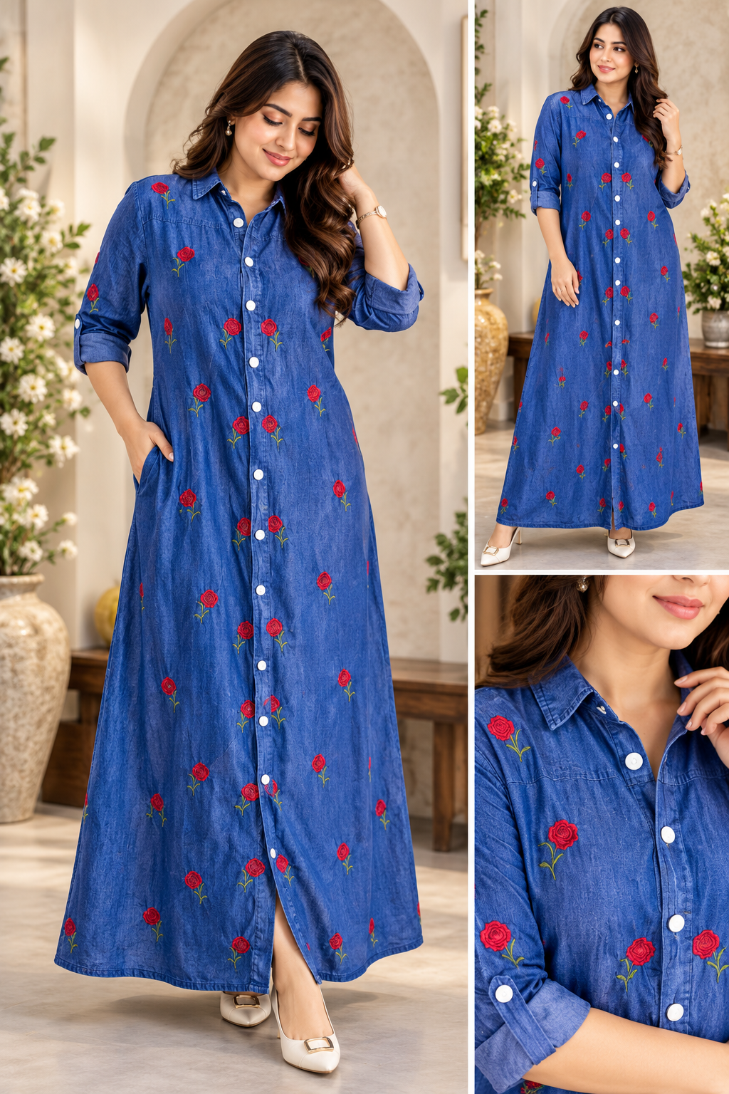Dark Denim Blue A-Line Embroidered Single Denim Gown