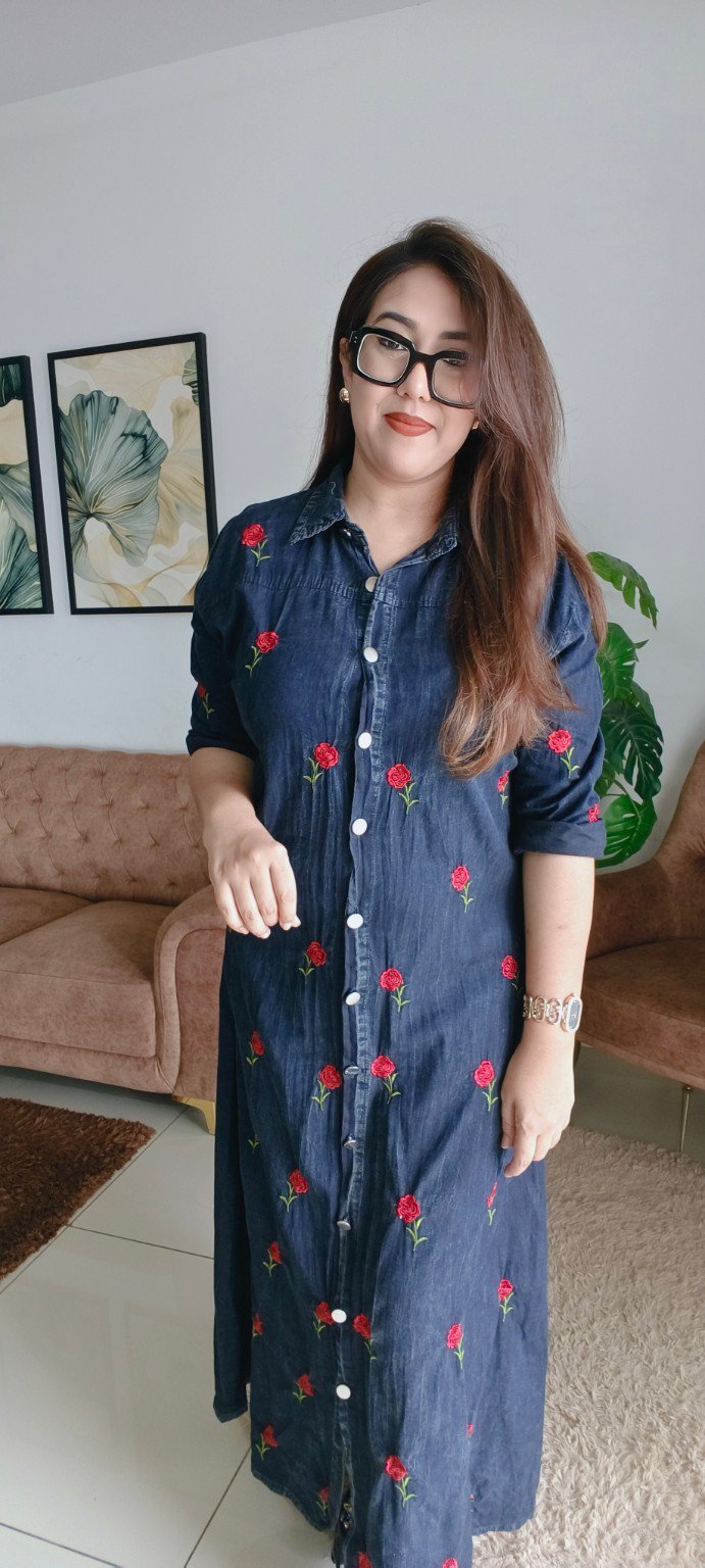 Greyish Denim Blue A-Line Embroidered Single Denim Gown