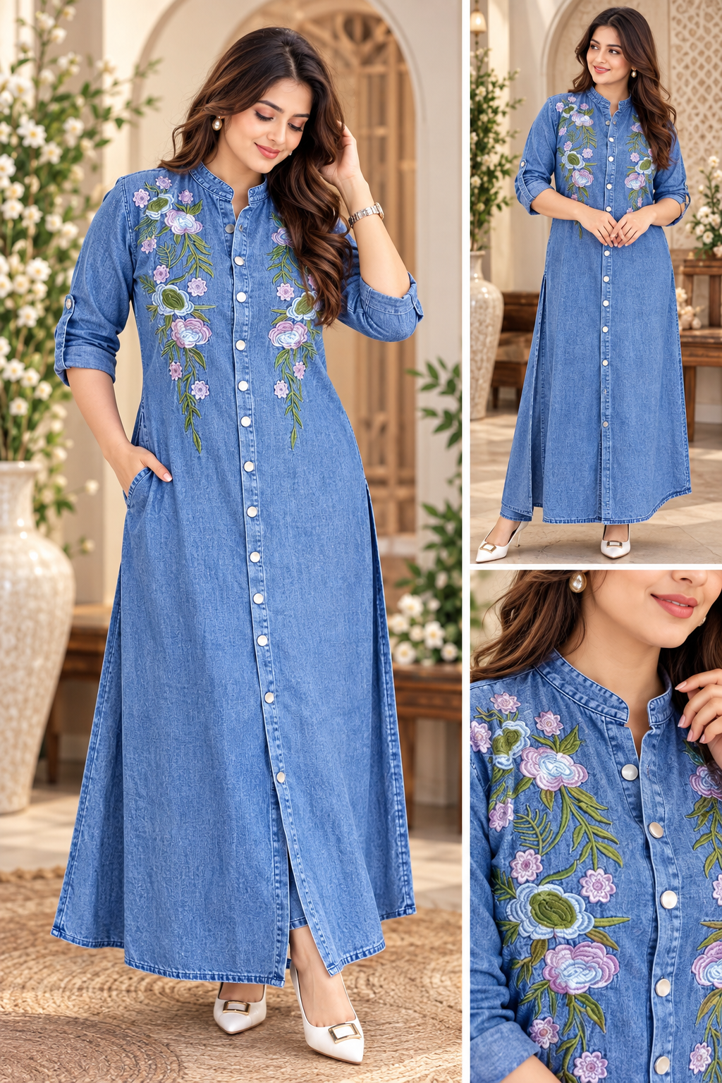 Light Denim Blue A-Line Embroidered Single Denim Gown ( Front open button style )