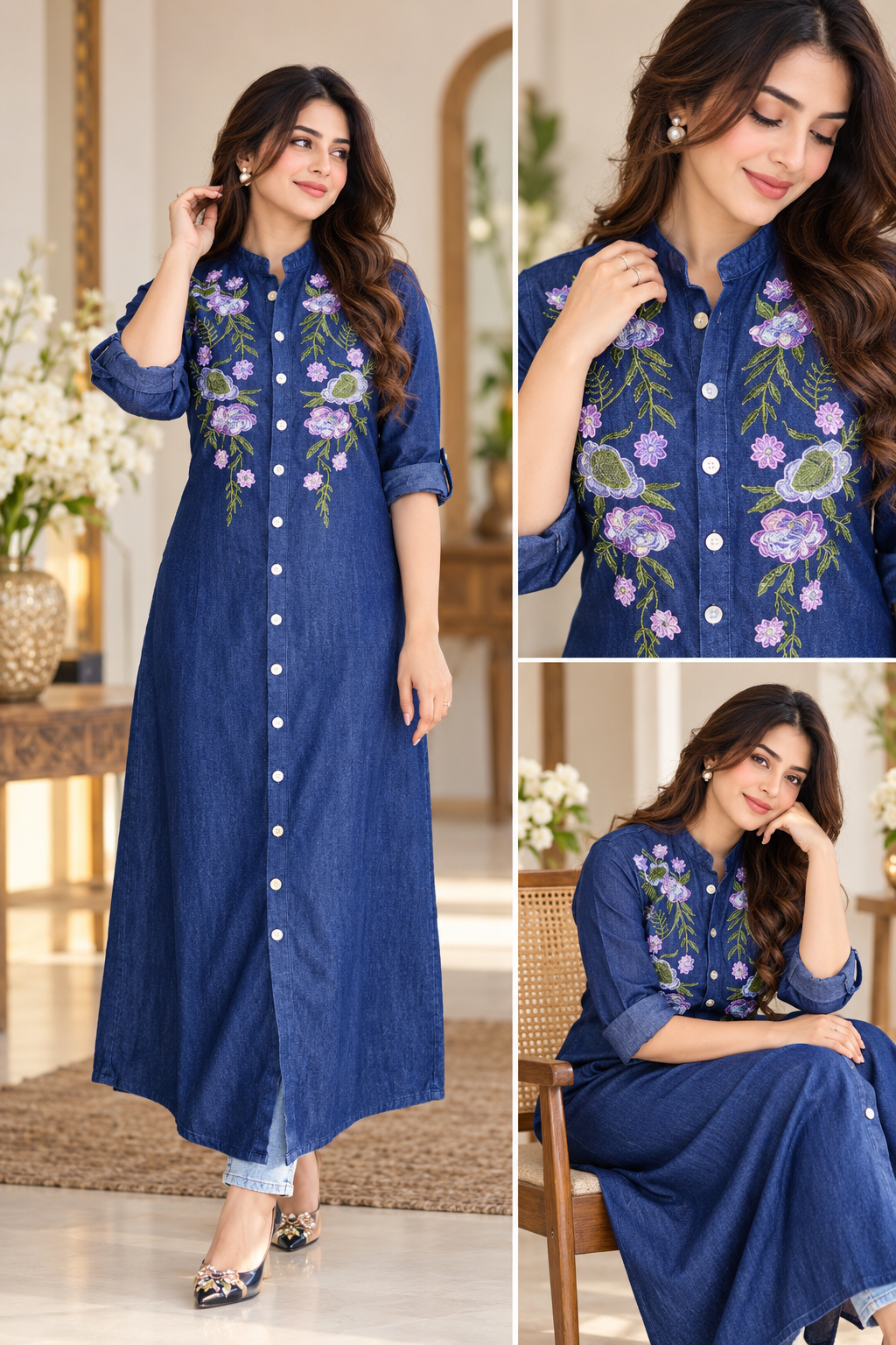 Dark Denim Blue A-Line Embroidered Single Denim Gown ( Front open button style )