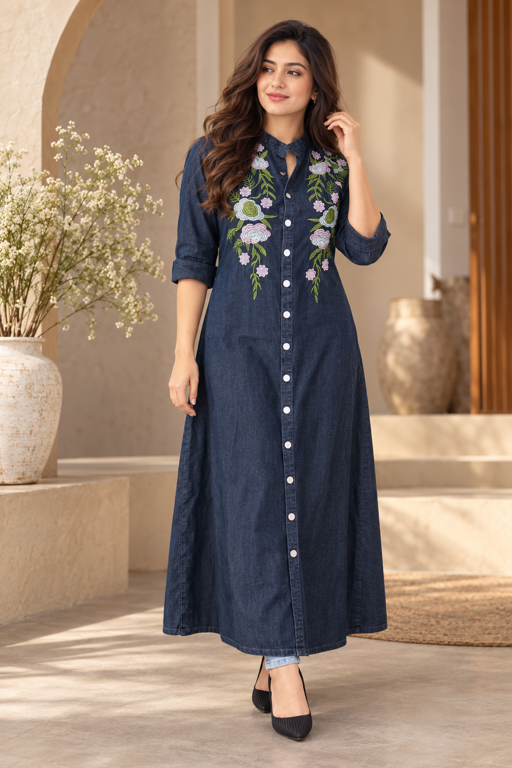 Greyish Black Denim A-Line Embroidered Single Denim Gown ( Front open button style )