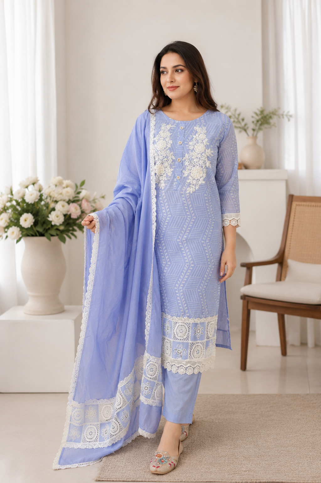 Applique Embroidered Designer Kurta Dupatta set with Embroidery
