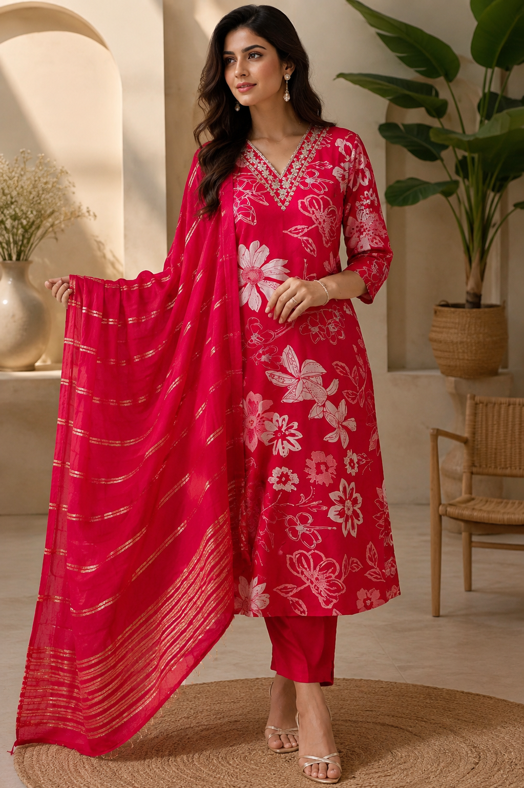 Vatican Silk Printed Embroidery Kurta Dupatta Set