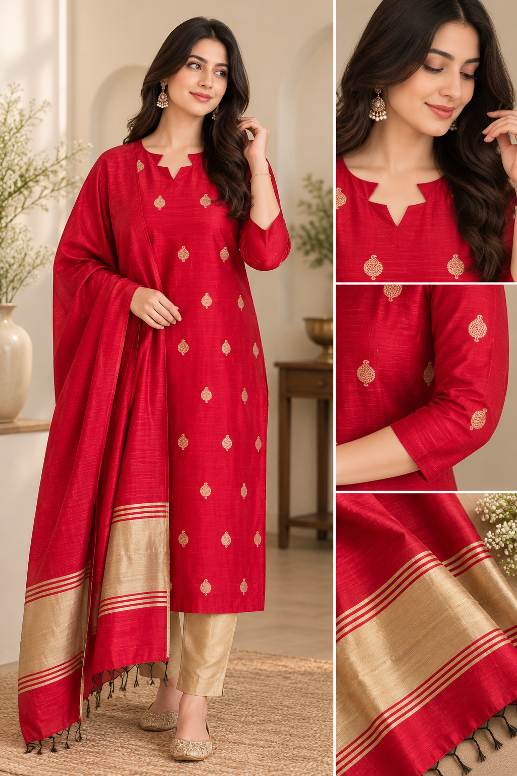 Jamdani Ethnic Cotton Silk Weaved Kurta Dupatta Set