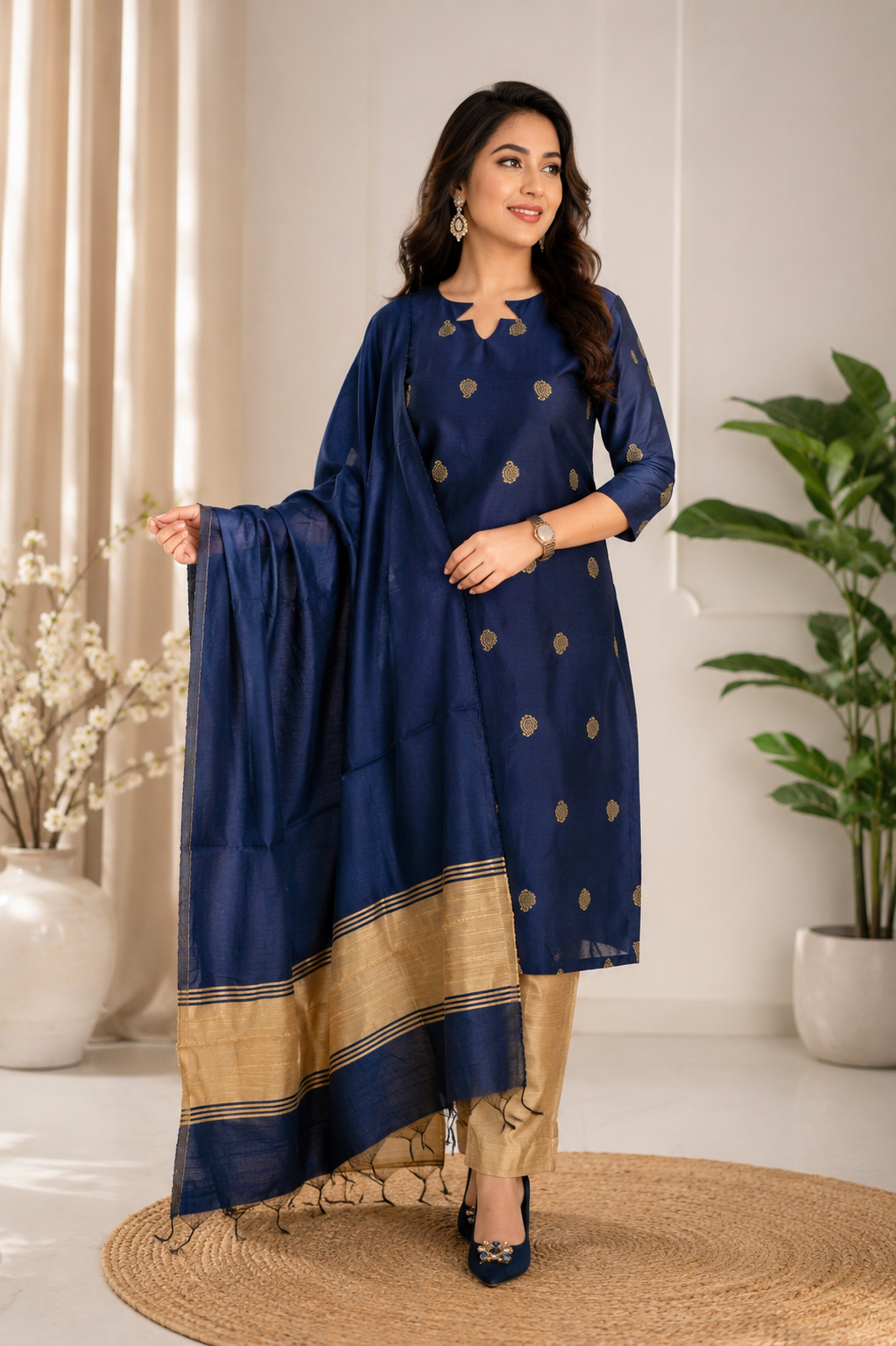 Jamdani Ethnic Cotton Silk Weaved Kurta Dupatta Set