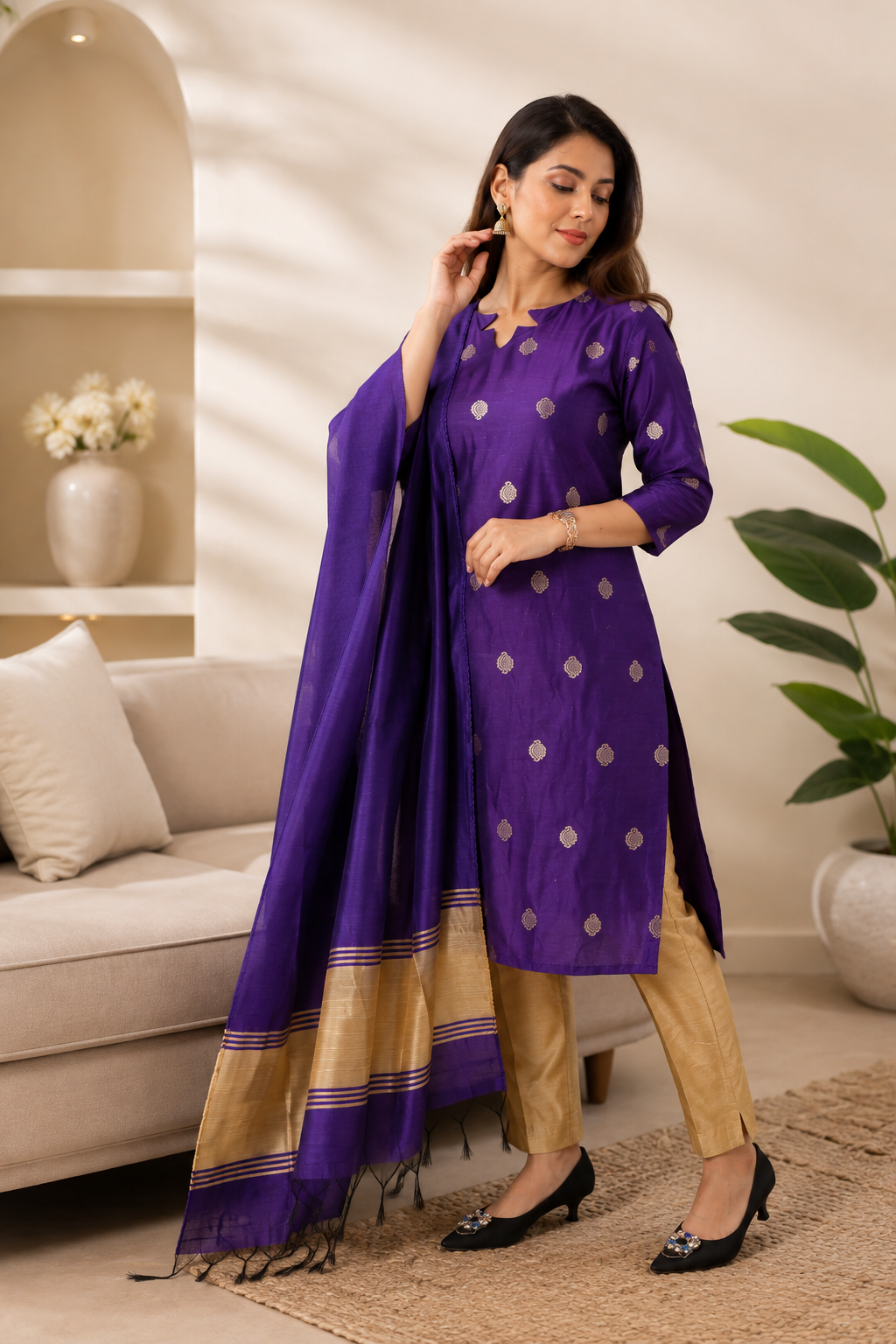 Jamdani Ethnic Cotton Silk Weaved Kurta Dupatta Set