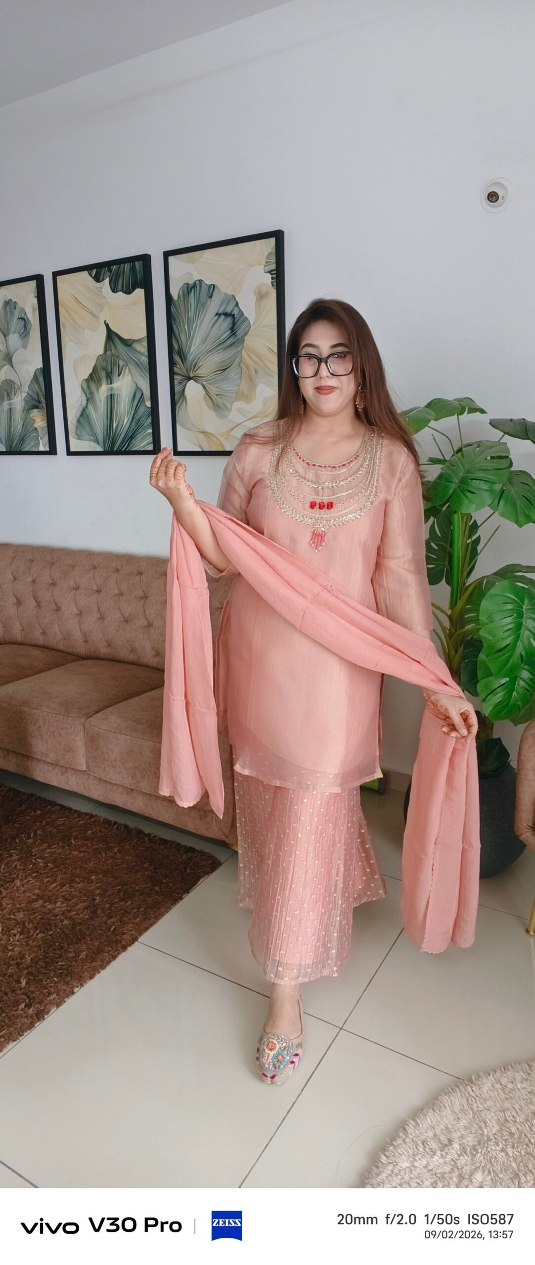 Hand Work Short Kurta with Sharara and Dupatta Crepe