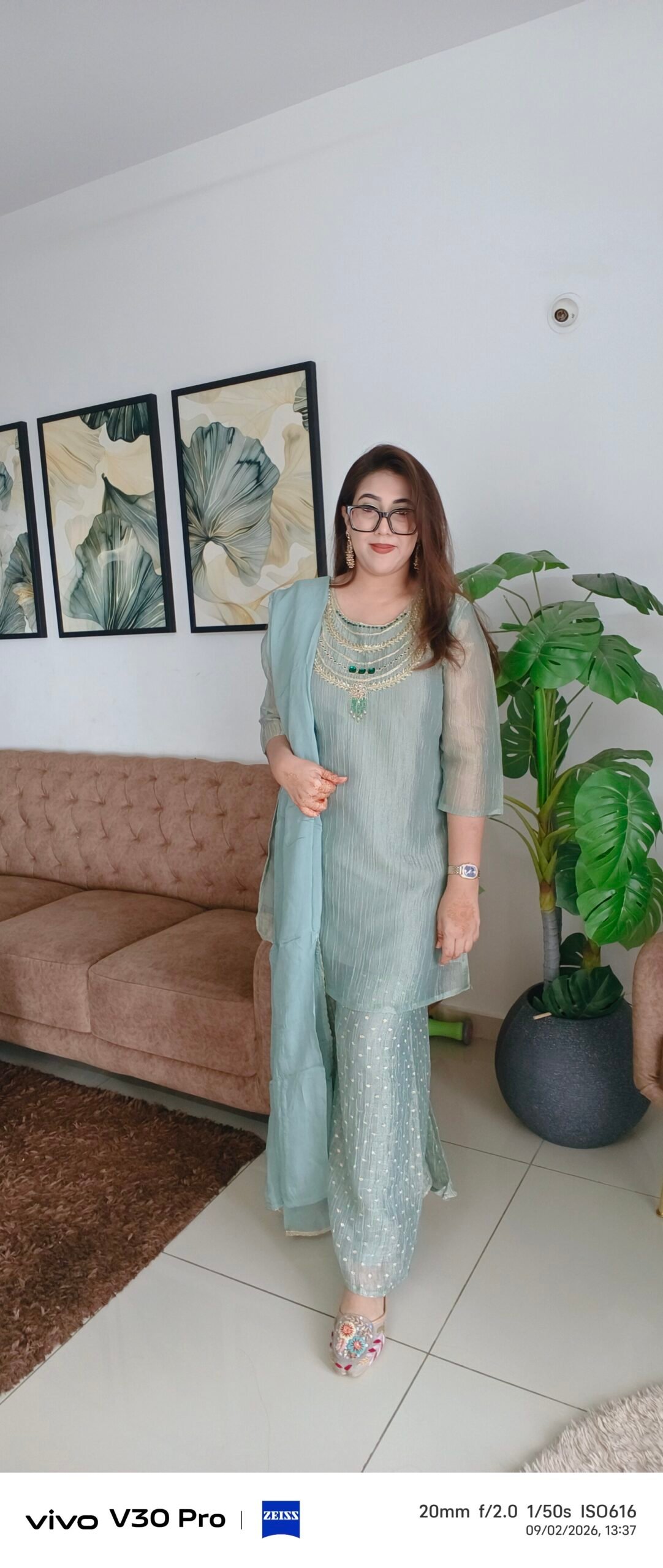 Salsa Crush Tissue ShimmerHand Work Short Kurta with Sharara and Crepe Dupatta