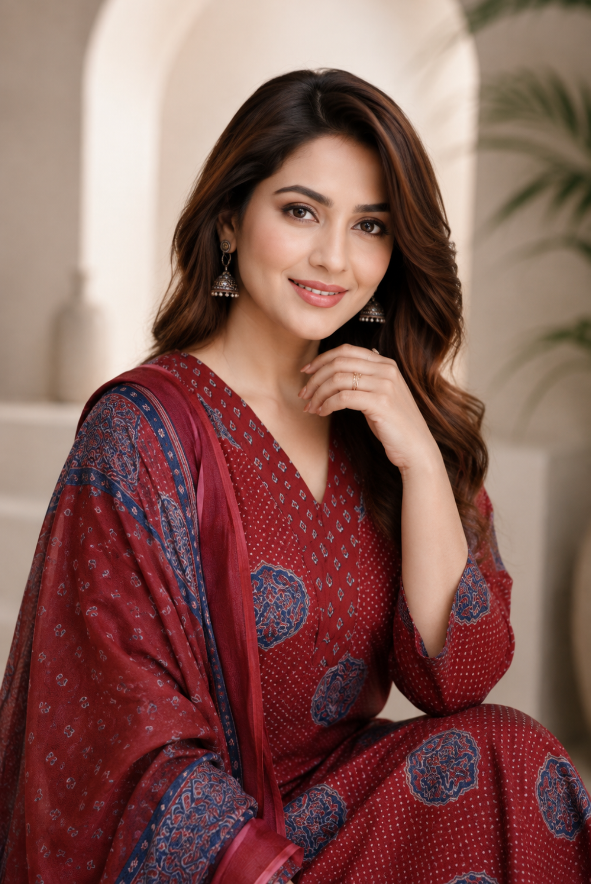Maroon Premium Cotton Ajrak Printed Kurta with Ajrakh Kota Cotton Dupatta and Pant