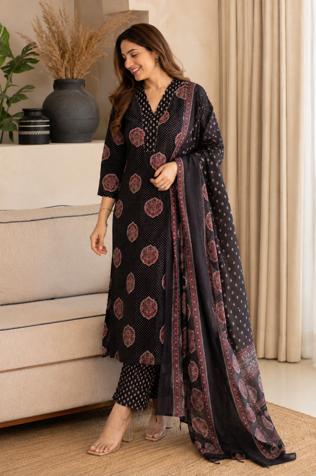 ajrak dupatta with black dress Premium Cotton Printed Kurta Ajrakh Kota Cotton and Pant – Hayat black suit with ajrakh dupatta