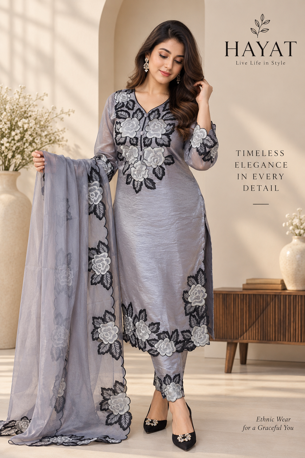 Pure Glass Tissue Shimmer with Mal Lining Grey with Black Embroidery