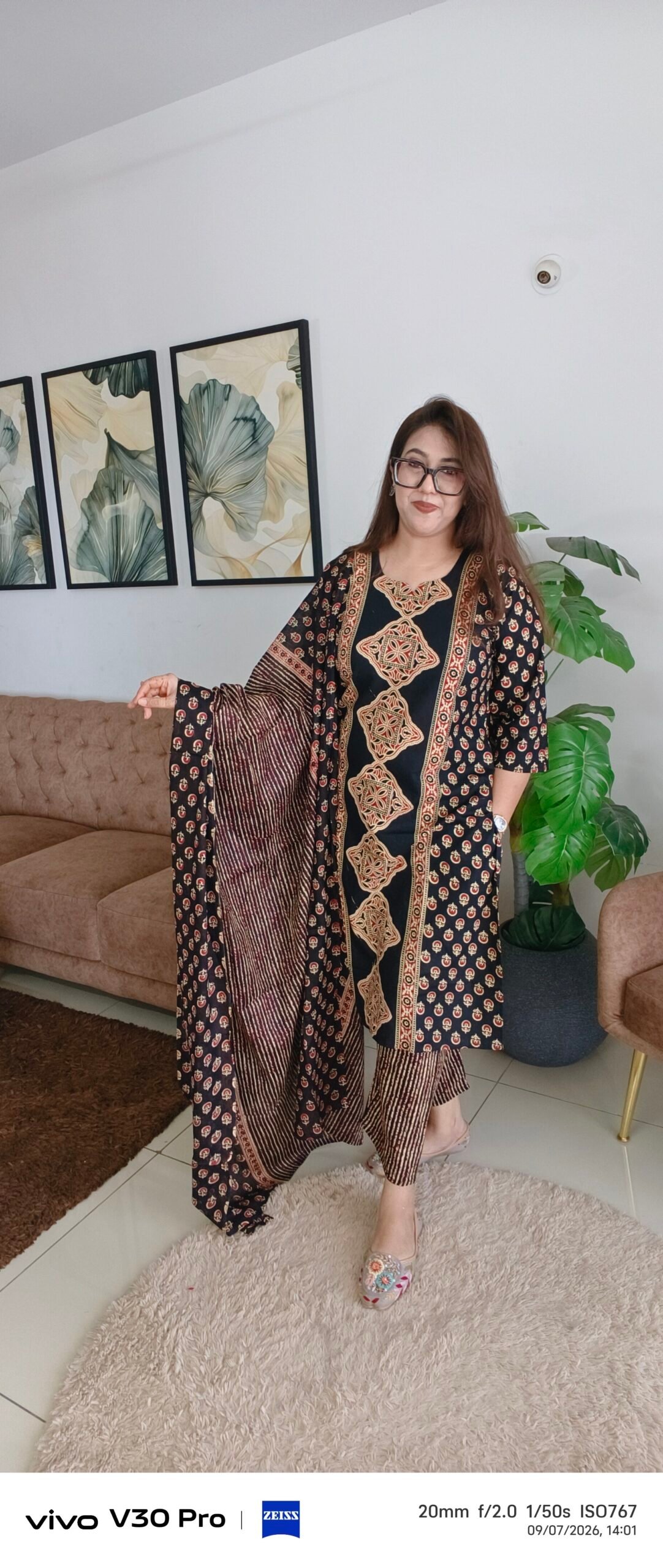 Ajrak Printed Cotton Kurta Dupatta Set Black with Maroon