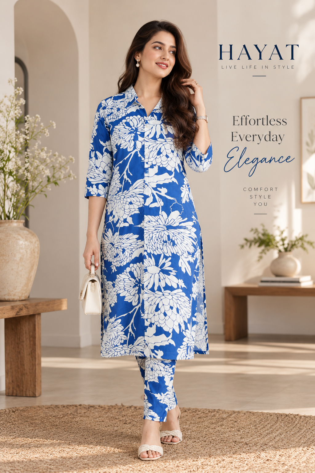 Floral Printed Rayon Button Down Collar C0-Ord Set Blue with White