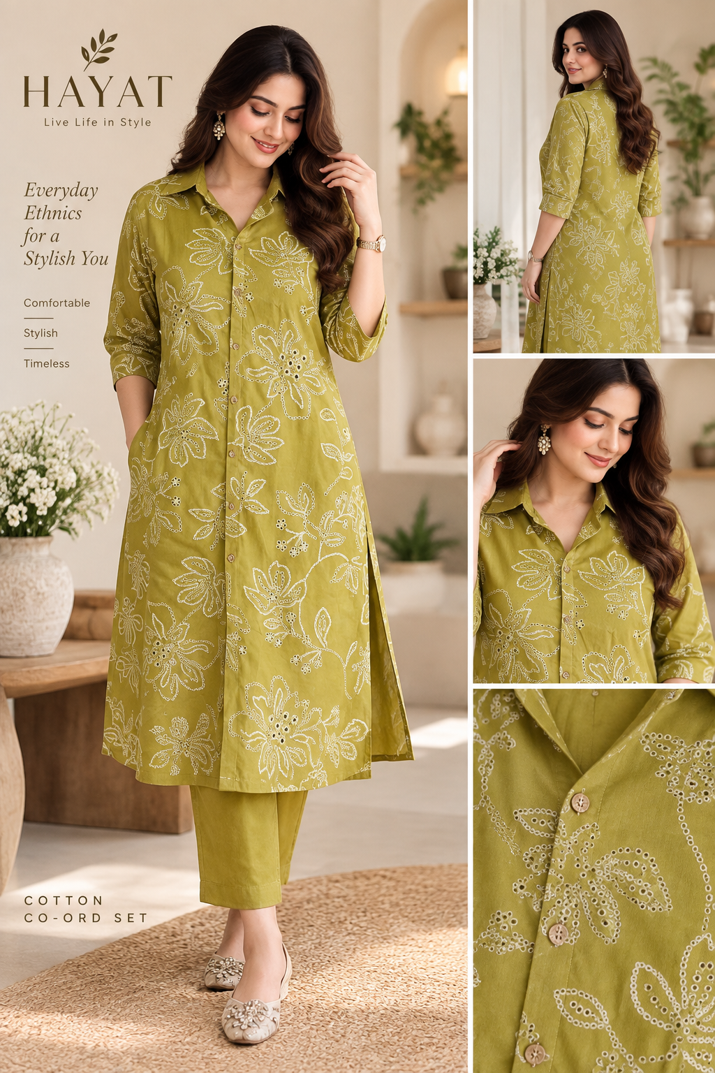 Pure Khadi Cotton A-Line Shifli Khadi Collar Neck Button Down C0-Ord Set