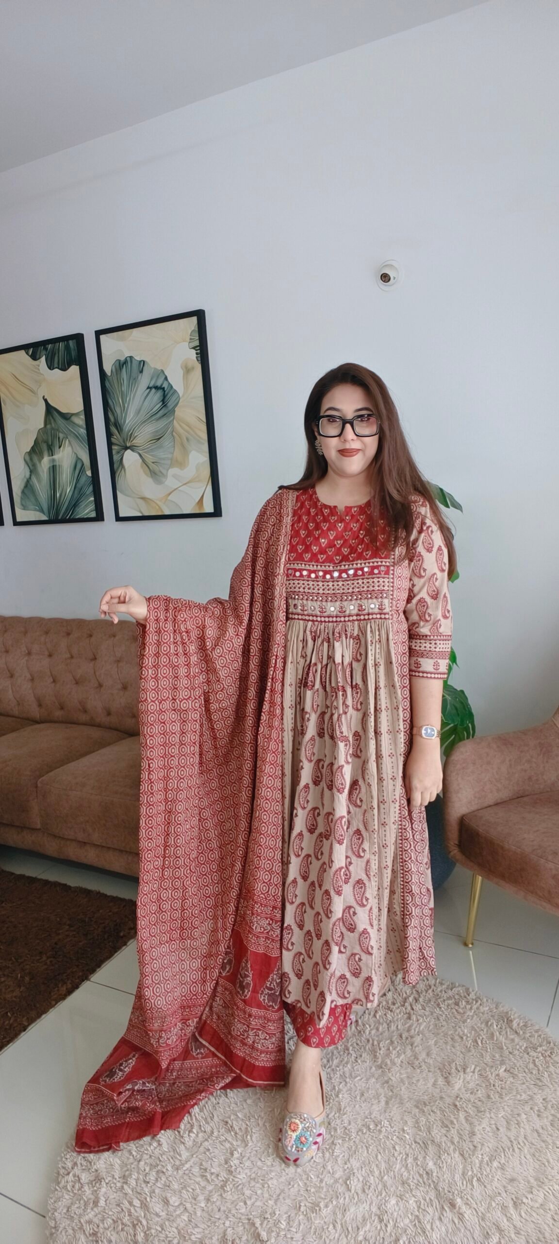 A-Line Ajrakh Printed Premium Designer Mirror Work Kurta Set with Dupatta and a Pocket in Shirt