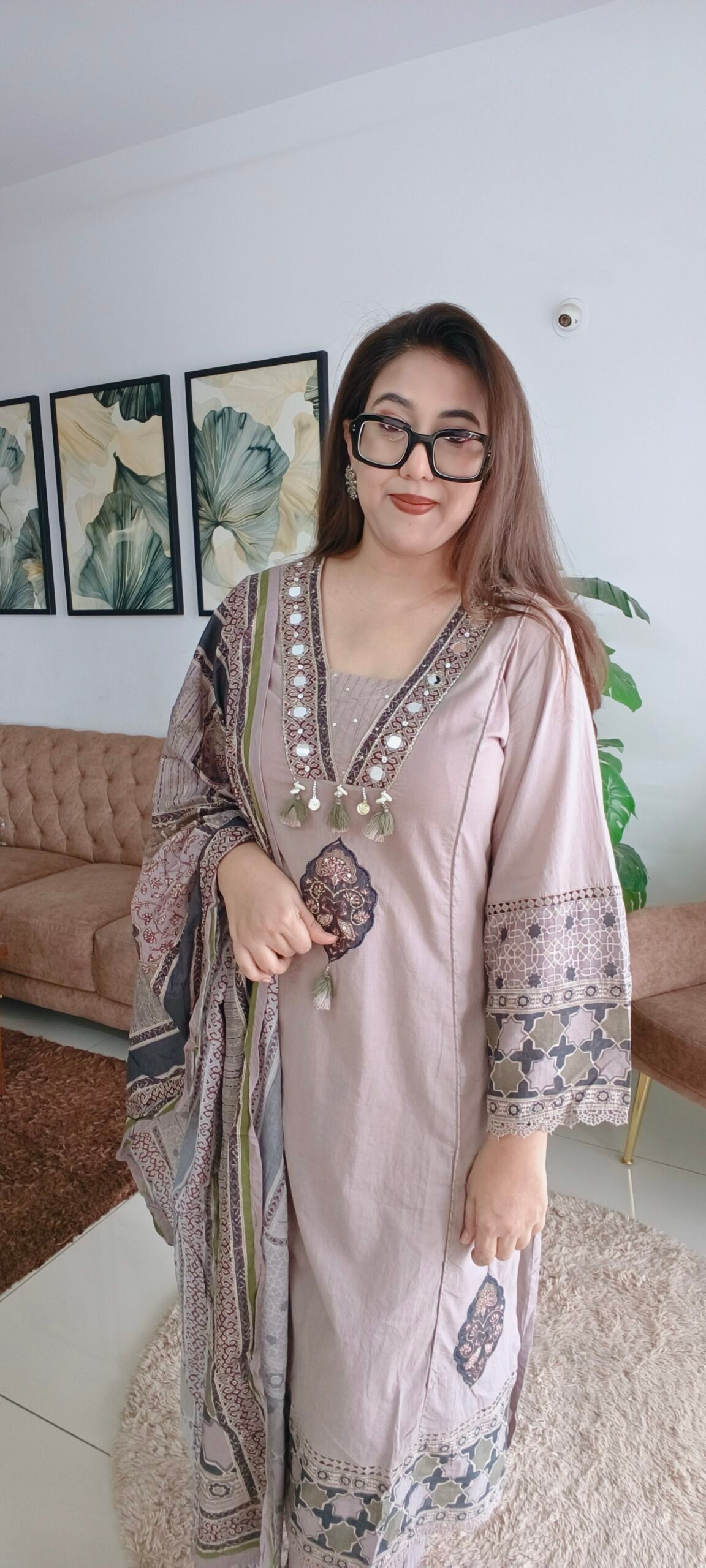 A-Line Ajrakh Printed Premium Designer Mirror Work with Applique Embroidered Kurta set with Dupatta