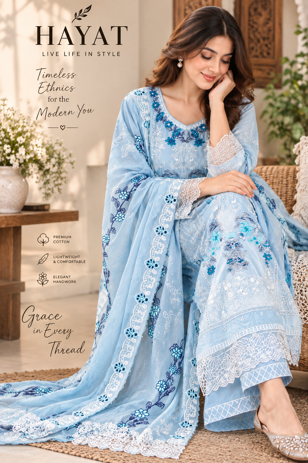 Premium Designer Pure Lawn Shifli Embroidered Kurta with Lining , Kota Embroidered Dupatta. Semi Elasticated Cotton Bottom