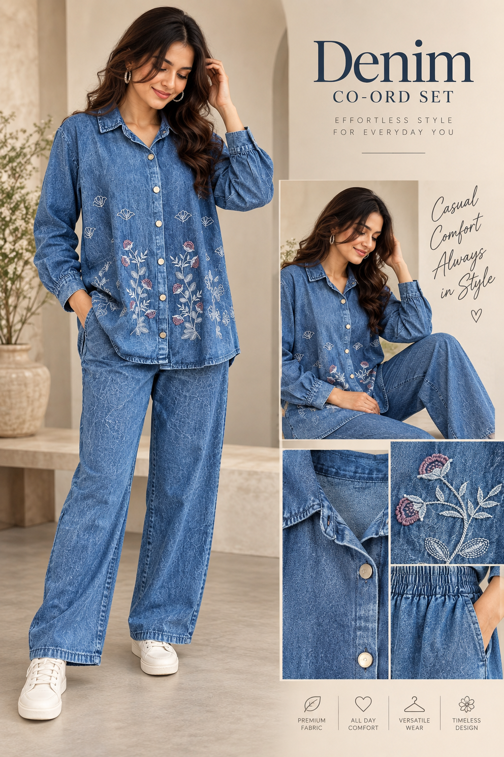 Denim Embroidered Indo Western Co-Ord Set