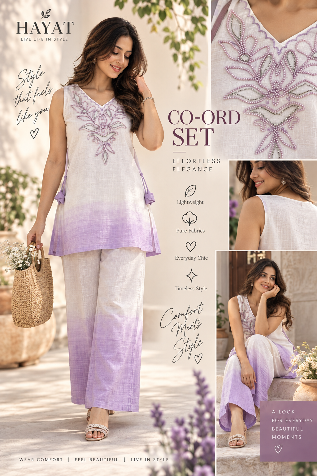 Lavender Ombre with Off White Stylish Indo Western Ombre Embroidered Co-Ord Set