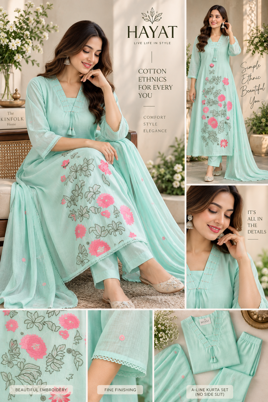 Pure Premium Mal Cotton with Mal Lining Designer Embroidered A-Line Kurta Set