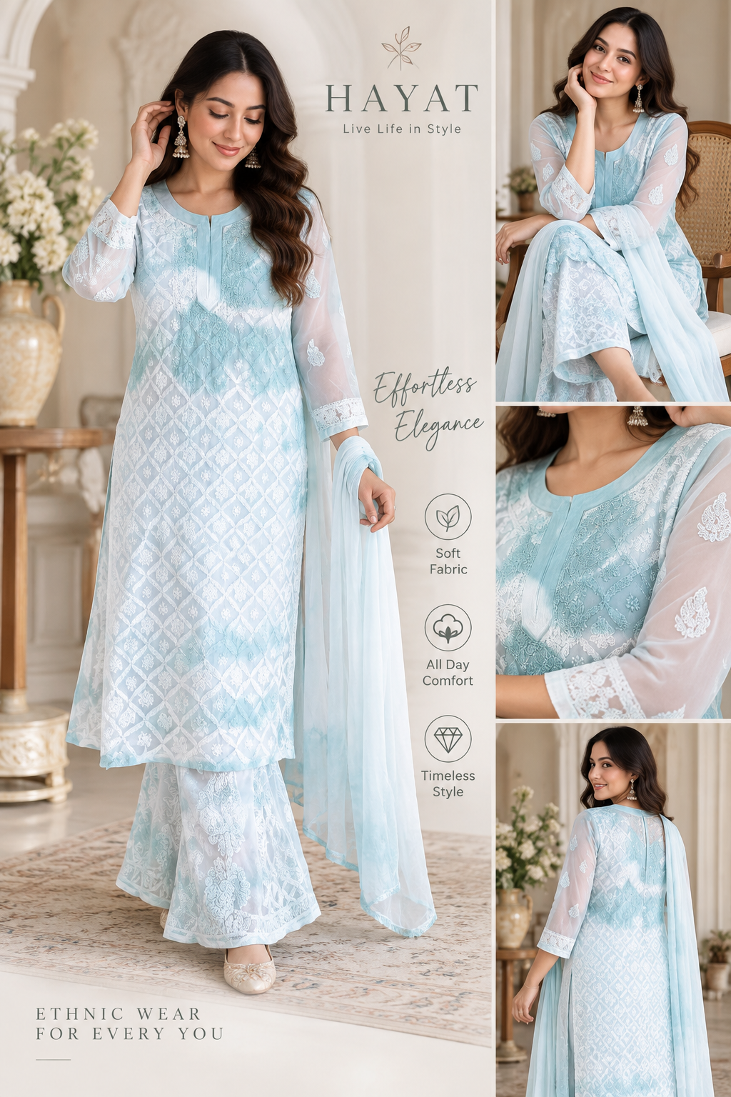 Tie Dye Chikankari Hand Work Georgette Kurta with Detachable Cotton Lining.